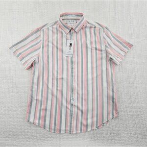 NWT Denim & Flower Men's Shirt L Pink Gray White Stripes Short Sleeve NEW Soft